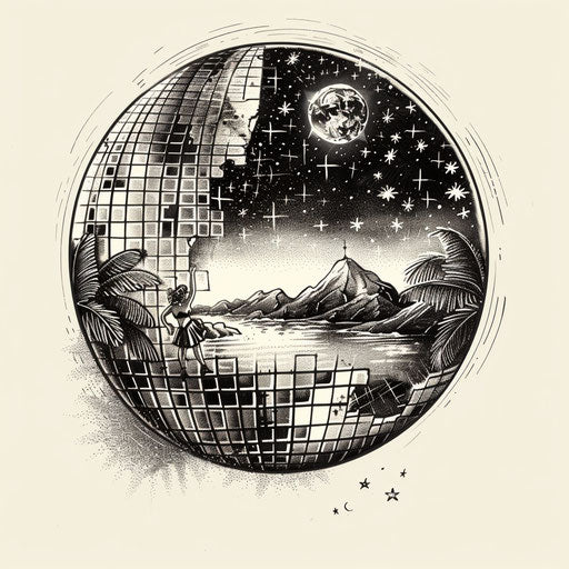 Vintage disco ball tattoo sketch with retro disco club scenes