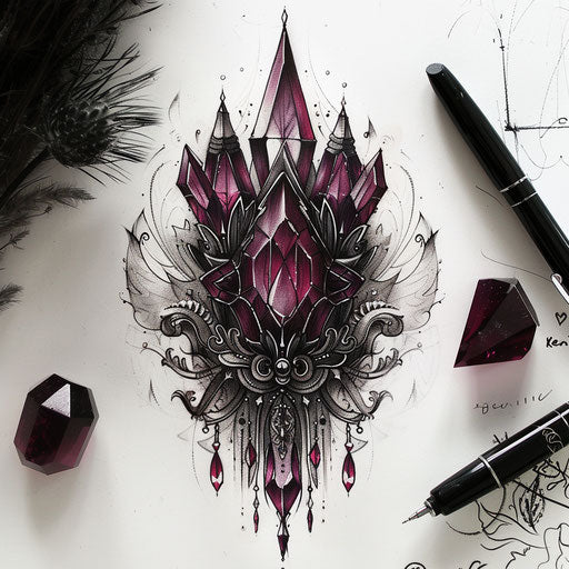 Gothic flat tattoo sketch of a dark crystal with ornate details
