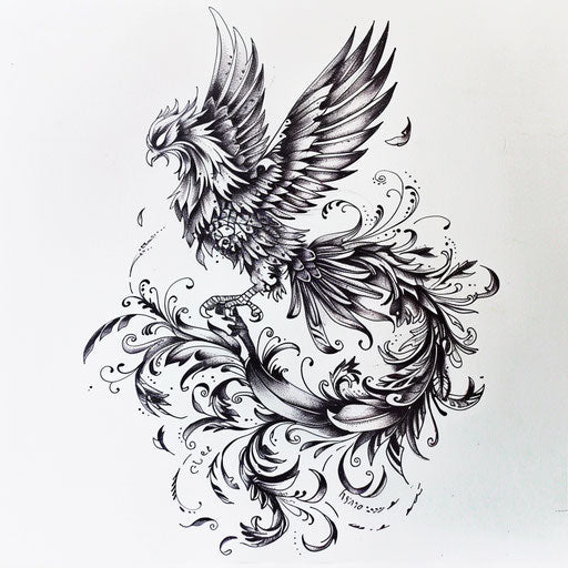 Sketch of a phoenix rising from ashes with intricate feather details, in clipart style, flat black ink