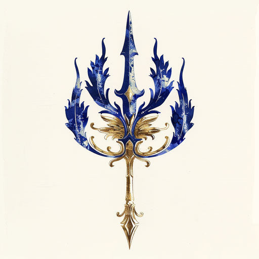 Baroque trident tattoo with gold filigree and royal blue