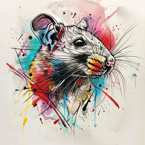 Edgy tattoo sketch of a rat with graffiti elements, splattered with bold sprays of color