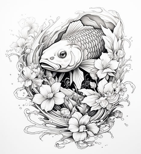 Koi fish and flowers in intricate black and white style