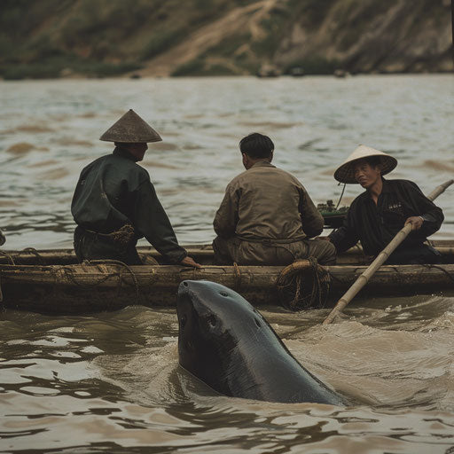 Peaceful encounter of a Yangtze porpoise and local fishermen on the Yangtze River