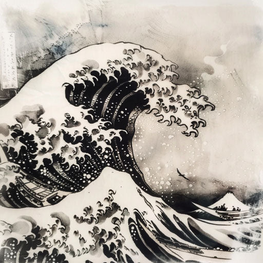 Powerful wave in Japanese ink wash style on white canvas