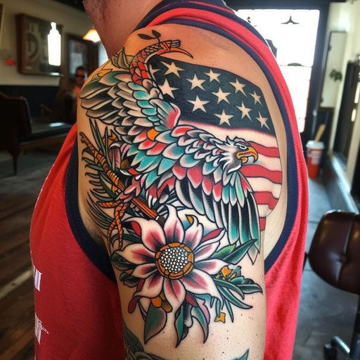Colorful shoulder tattoos for men with traditional American themes