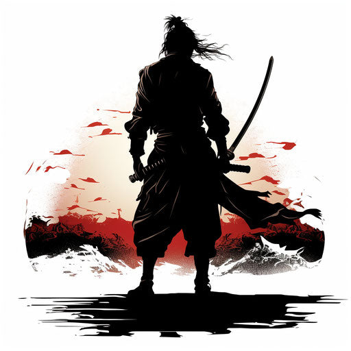 Japanese samurai silhouette in outline, sandalpunk style, high detail