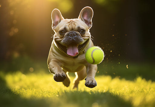 French bulldog playing in the grass with a tennis ball
