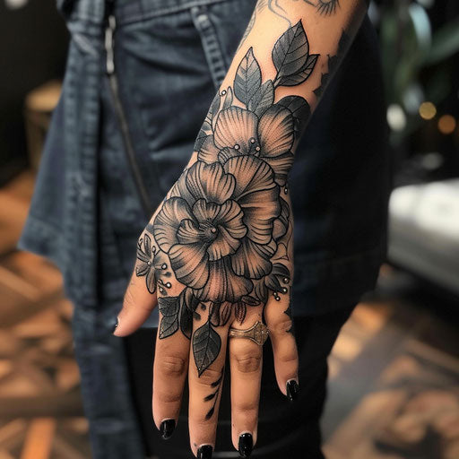 Realistic black and gray hand tattoo for women with floral patterns