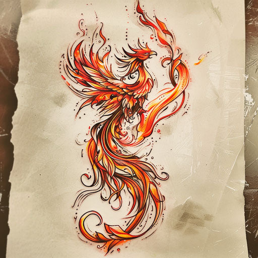 Single needle tattoo sketch of a phoenix rising with fiery red and orange hues