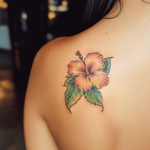 Hibiscus flower tattoo on Pure White Background in Ed Hardy style on shoulder blade
