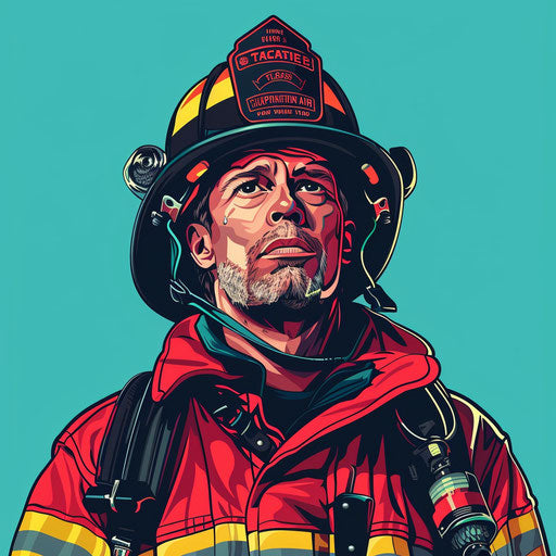 Realistic fireman clipart on flat turquoise background