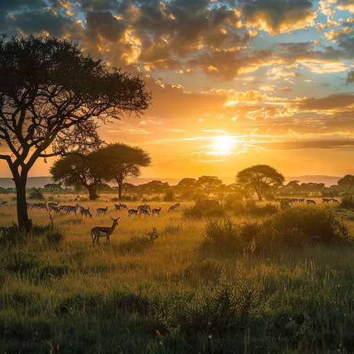 Serene sunrise over the African savannah with grazing gazelle herd