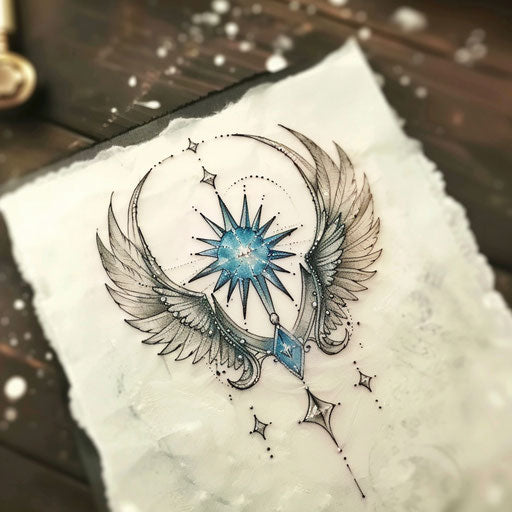 Ethereal tattoo sketch of the North Star with angelic wings and heavenly blue tones