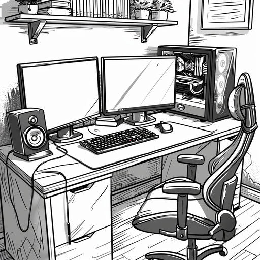 Computer desk with dual monitors and gaming chair. Coloring book page