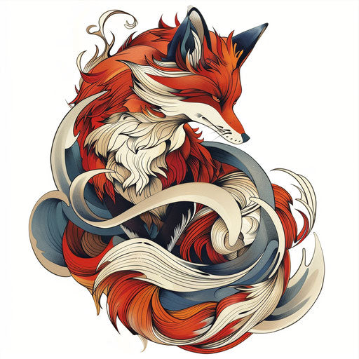 Traditional Japanese fox with rich colors on white background