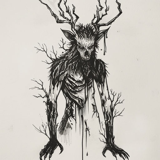 Flat tattoo sketch of a Wendigo with minimalist design and a chilling, icy background