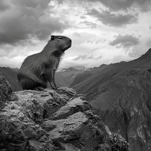 Capybara on rocky outcrop, mountains in the background