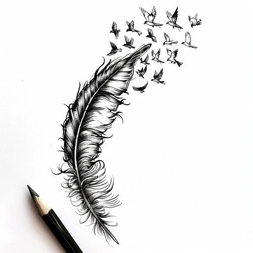 Tattoo sketch of a feather transforming into birds, with dynamic motion, in clipart style, flat black ink