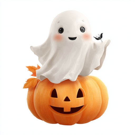 A Cute Friendly Ghost on a Carved Jack-o'-Lantern