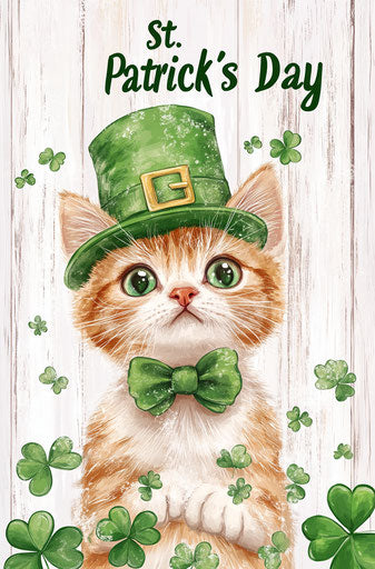 Cute cat in green hat and bow tie, surrounded by clover leaves, on white wooden background with text 'St. Patrick's Day'