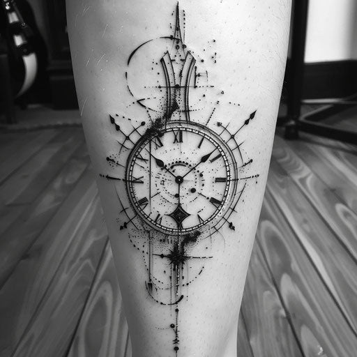 Clock tattoo with fine lines, Adrian Smith style