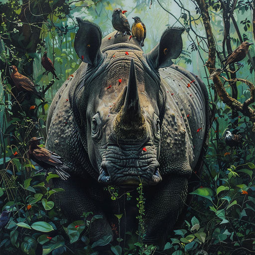 West African black rhinoceros with birds in lush forest
