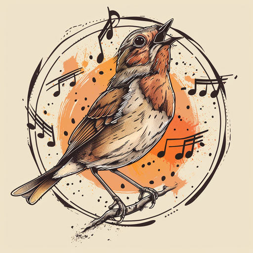 Dynamic flat tattoo sketch of a robin in mid-song with musical notes around