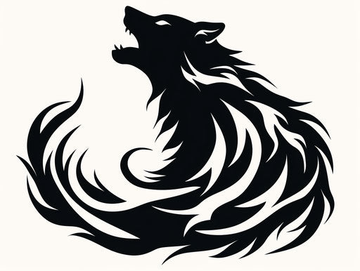 Howling wolf tattoo in swirling vortexes style, black silhouettes