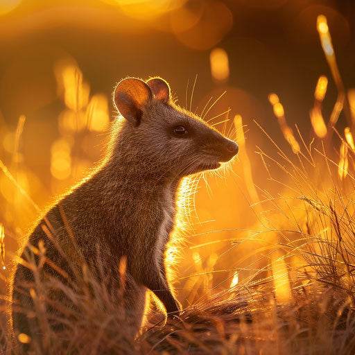 Northern brown bandicoot in a field of tall grass at sunset