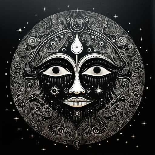 Black and white drawing of occult halo moon with Indian motifs