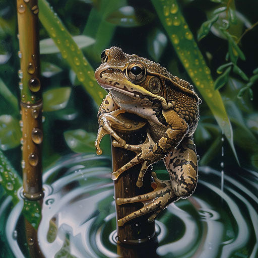 Frog on bamboo stalk in gentle rain