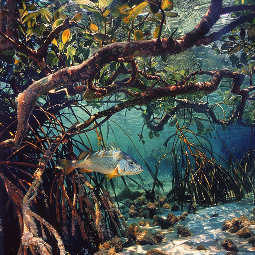 A fish making its home among the roots of a mangrove tree, a hidden world beneath the waves.