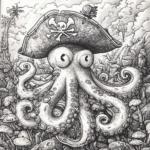 An octopus with a pirate hat, Mamoru Hosoda style, coloring book page