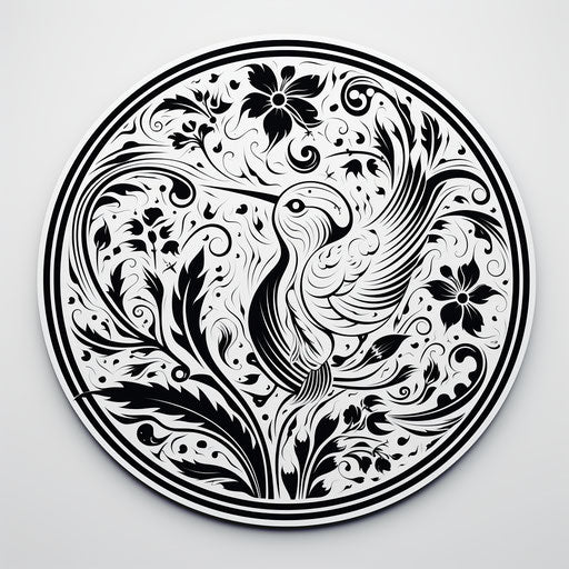 Bird pattern in middle of circle, baroque style, stencil-based