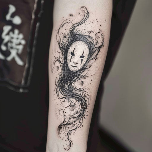 Dynamic flat tattoo sketch of No-Face with abstract swirling ink clouds