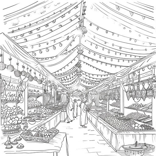 Street market during Diwali, lit up and decorated. Coloring page