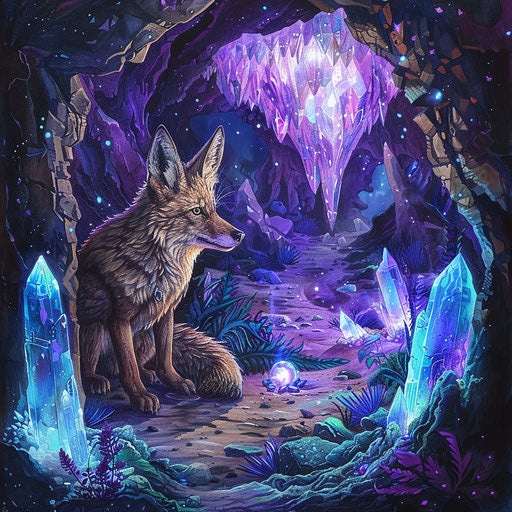 Mystical exploration in a cave illuminated by ancient crystals and runes