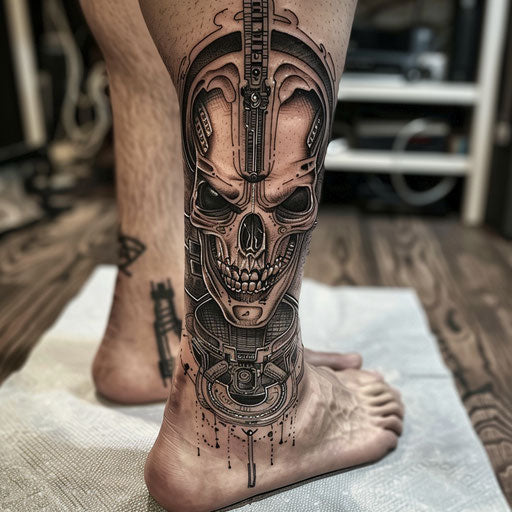 Ankle tattoos in the style of J.P. Targete with a futuristic alien design