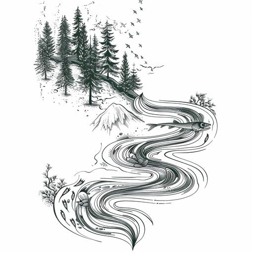 Intricate tattoo design of river winding through forest with fishing theme