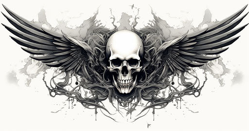 Black and white illustration of a skull with wings