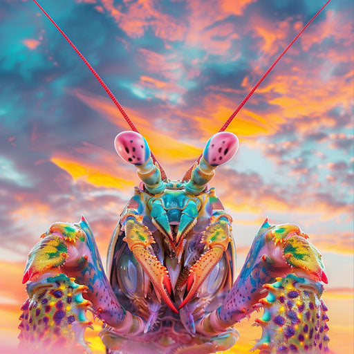 Mantis shrimp against a colorful sky, dynamic and vibrant