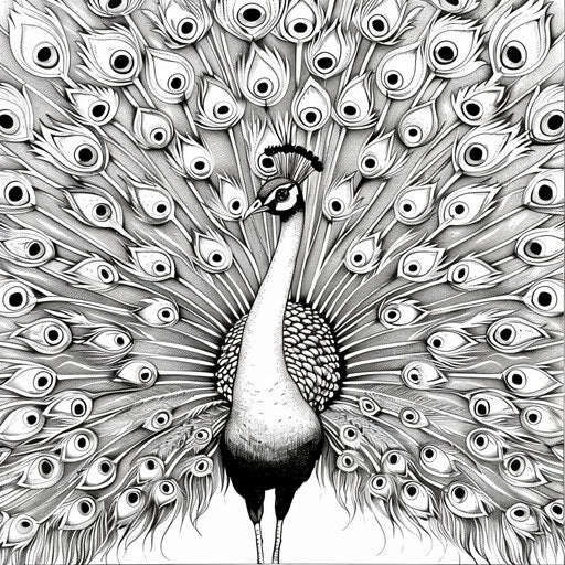 An elegant peacock with its feathers fanned out in full display. Coloring book page