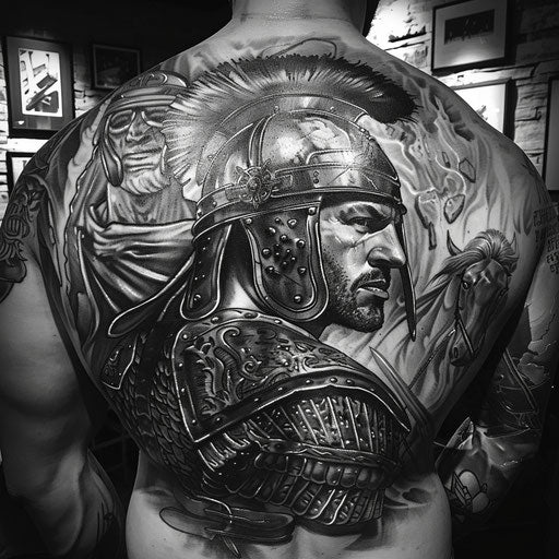 Iconic warrior black and gray back tattoos for men