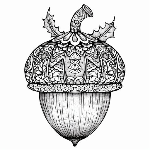 Detailed illustration of a single acorn with intricate patterns on its cap. Coloring book page