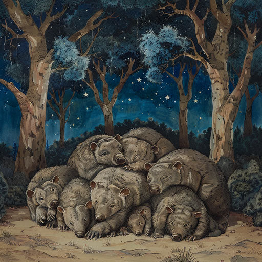 Wombats asleep under starry sky in secluded woodland clearing