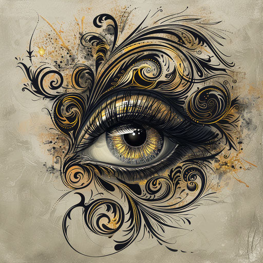 Elegant tattoo sketch of an eyeball with ornate eyelashes and swirls