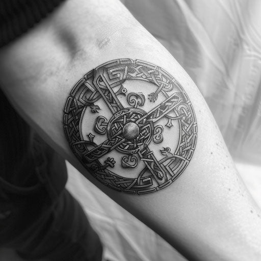Celtic warrior shield tattoo on white background