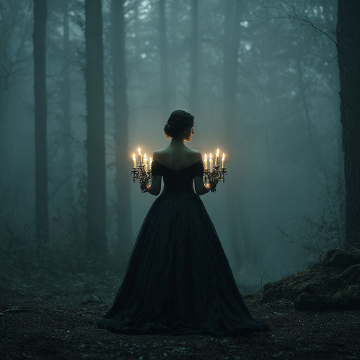 A woman in a dark gown in a misty dark forest