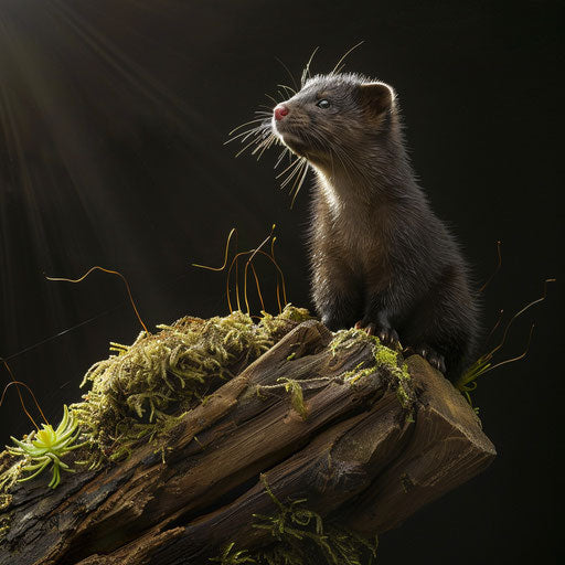 Mink perched on a mossy log with dramatic lighting