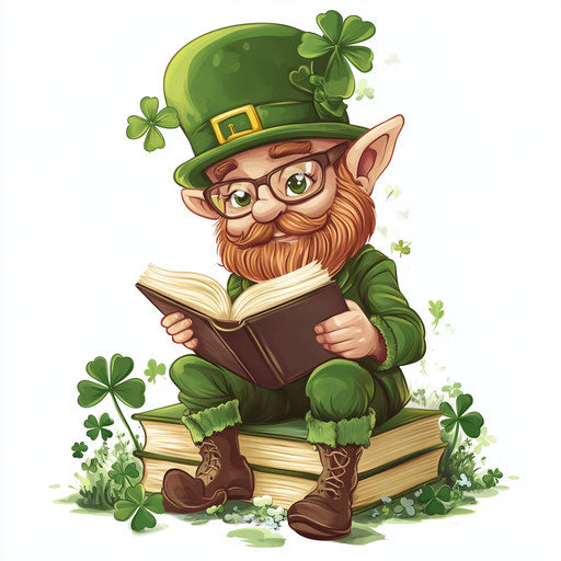 Cute leprechaun reading, clipart style, shamrocks and books, vector art